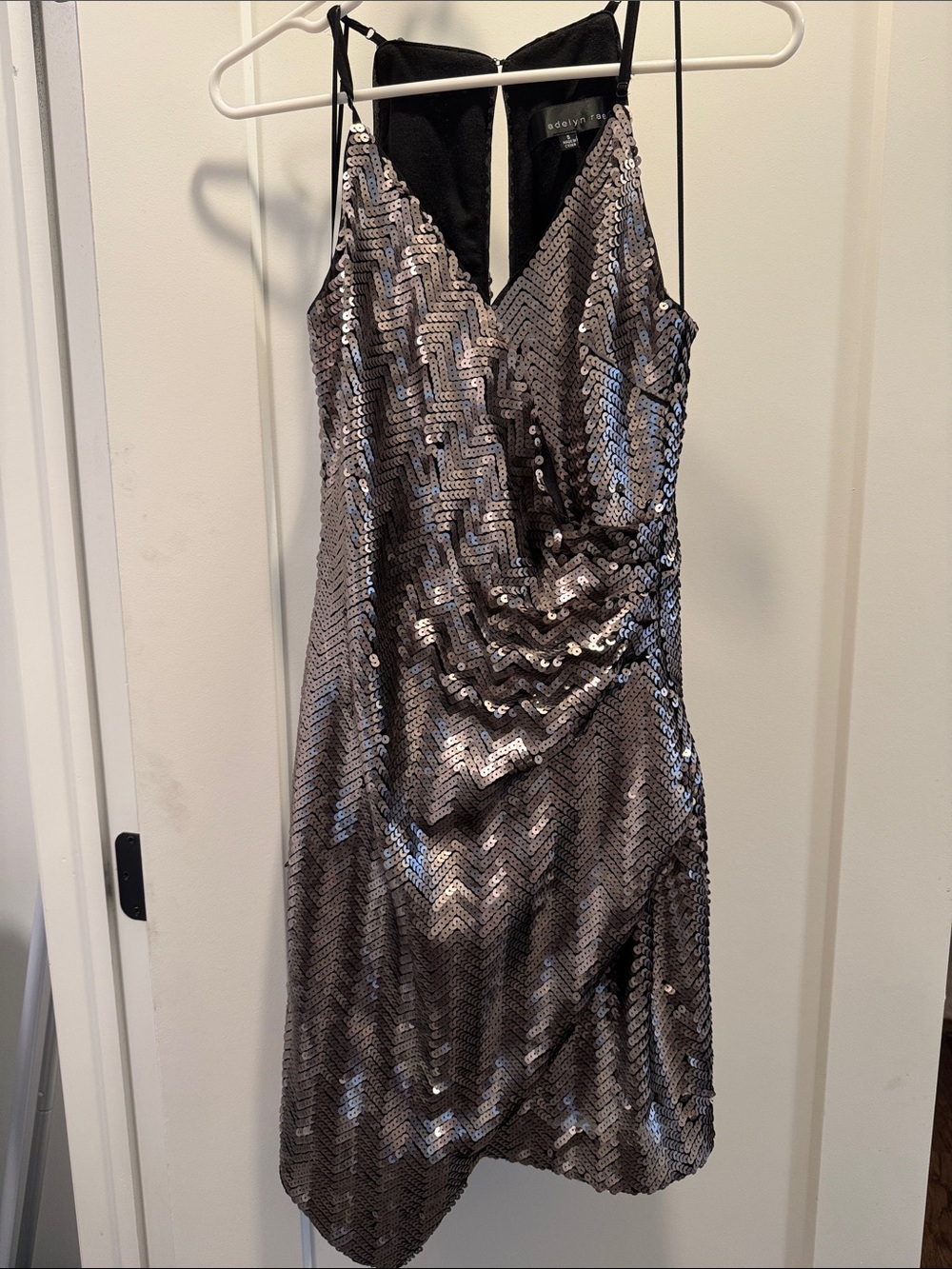 Adelyn Rae Silver Sequin Wrap Mini Dress